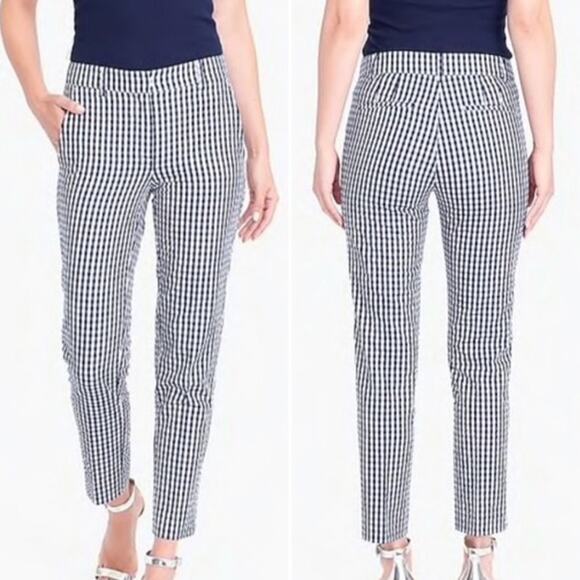 J Crew Factory Pants Womens 8 Gingham Cropped Straight Skimmer Cotton Navy Blue - Picture 1 of 9
